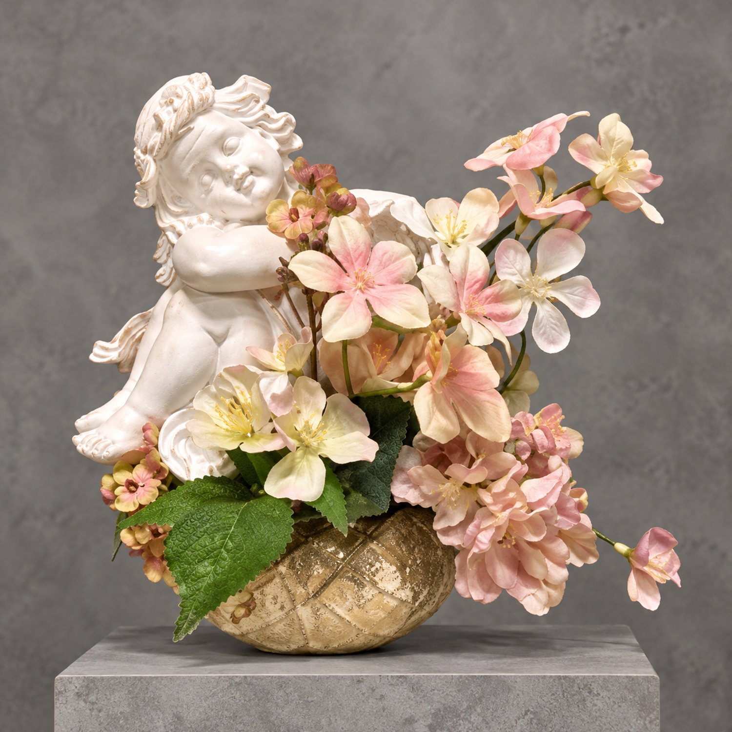 Seta Fiori Kunstbloemen - Engelenbloemstukje – 25cm - peach - Parelmoer schaaltje