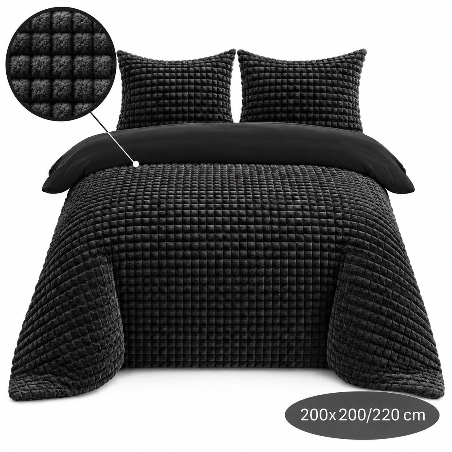 Roden Blue - Popcorn fleece dekbedovertrek set - 200x200/220 cm - Zwart - Zacht - Anti-allergeen - Wasbaar