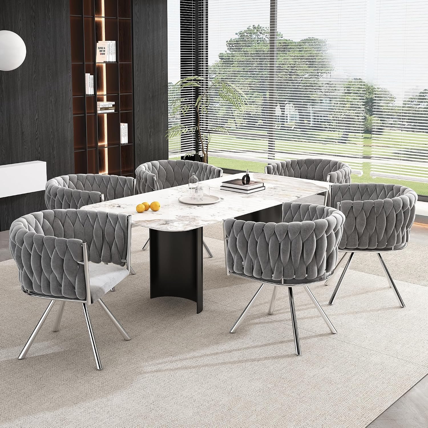 Set van 6 Draaibare Fluwelen Eetkamerstoelen 360° – Grijze Gestoffeerde Kuipstoelen met Ergonomische Rugleuning, Zilverkleurige Metalen Poten, Moderne Luxe Stoelen voor Eetkamer, Woonkamer en Slaapkamer