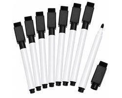 BlackBear Whiteboard Stiften Zwart – 8 stuks – Magnetisch – Met Wisser – Whiteboardmarkers Zwart Set voor School, Kantoor en Thuis