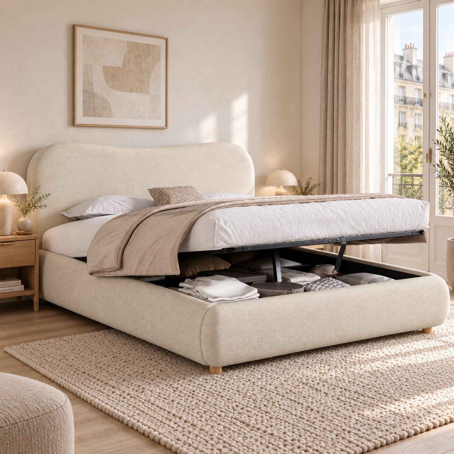 COVREO Tweepersoonsbed met opbergruimte – 160x200 cm – Bedframe met lattenbodem – Hydraulisch met hoofdbord – Beige - zonder matras