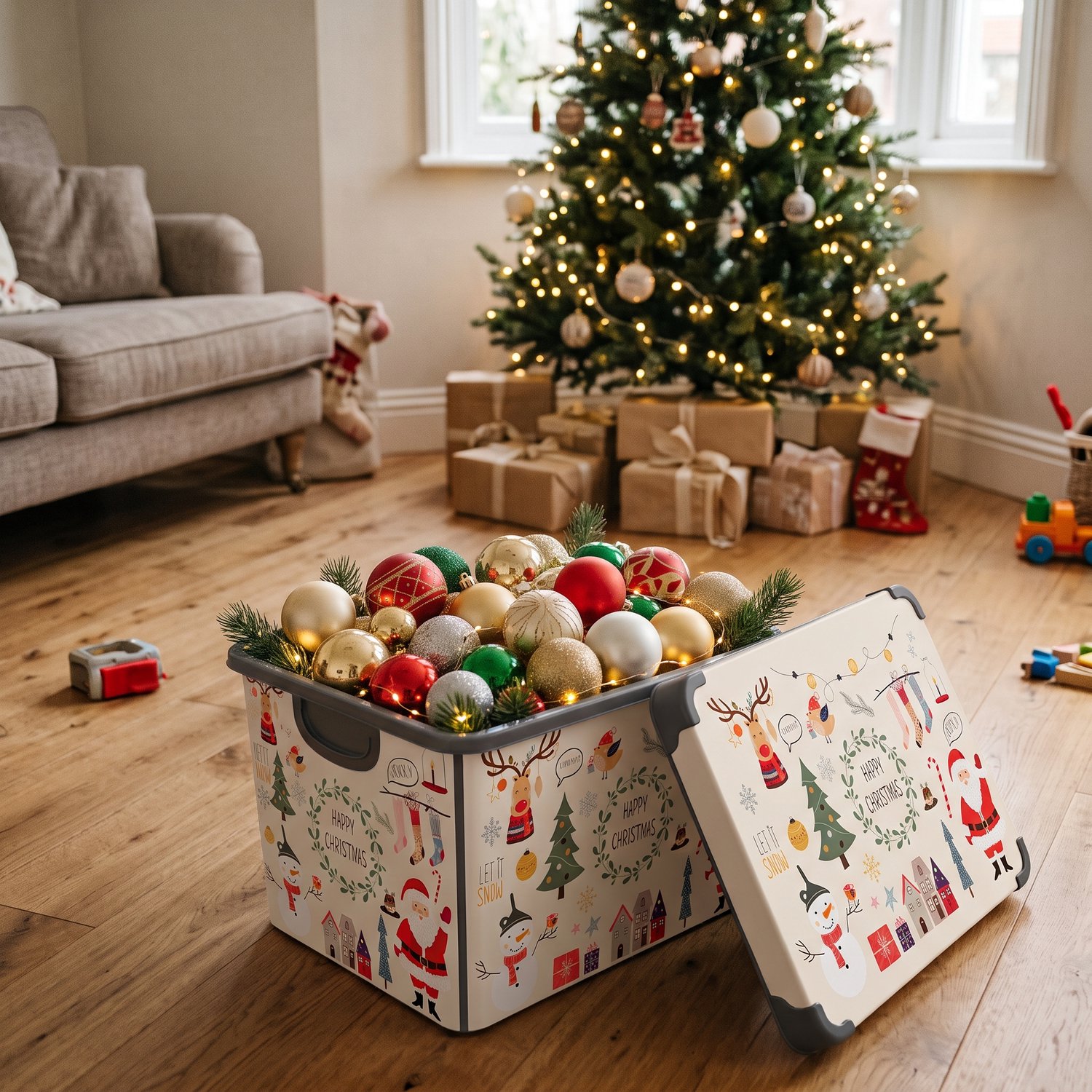 INDECOR Kunststof Kerstballen Opbergbox 20 Liter Met Deksel en Handgrepen– Stevige Kerst Opbergbox voor Kerstversiering – Met Kerstprint