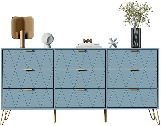 Blauwe ladekast met 9 lades, geometrisch reliëf, gouden handgrepen en slanke metalen poten op witte achtergrond.