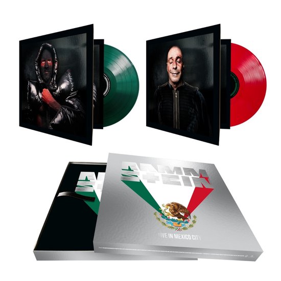 Rammstein Live in Mexico City boxset met zilveren doos, twee platenhoezen en groene en rode vinylschijven.