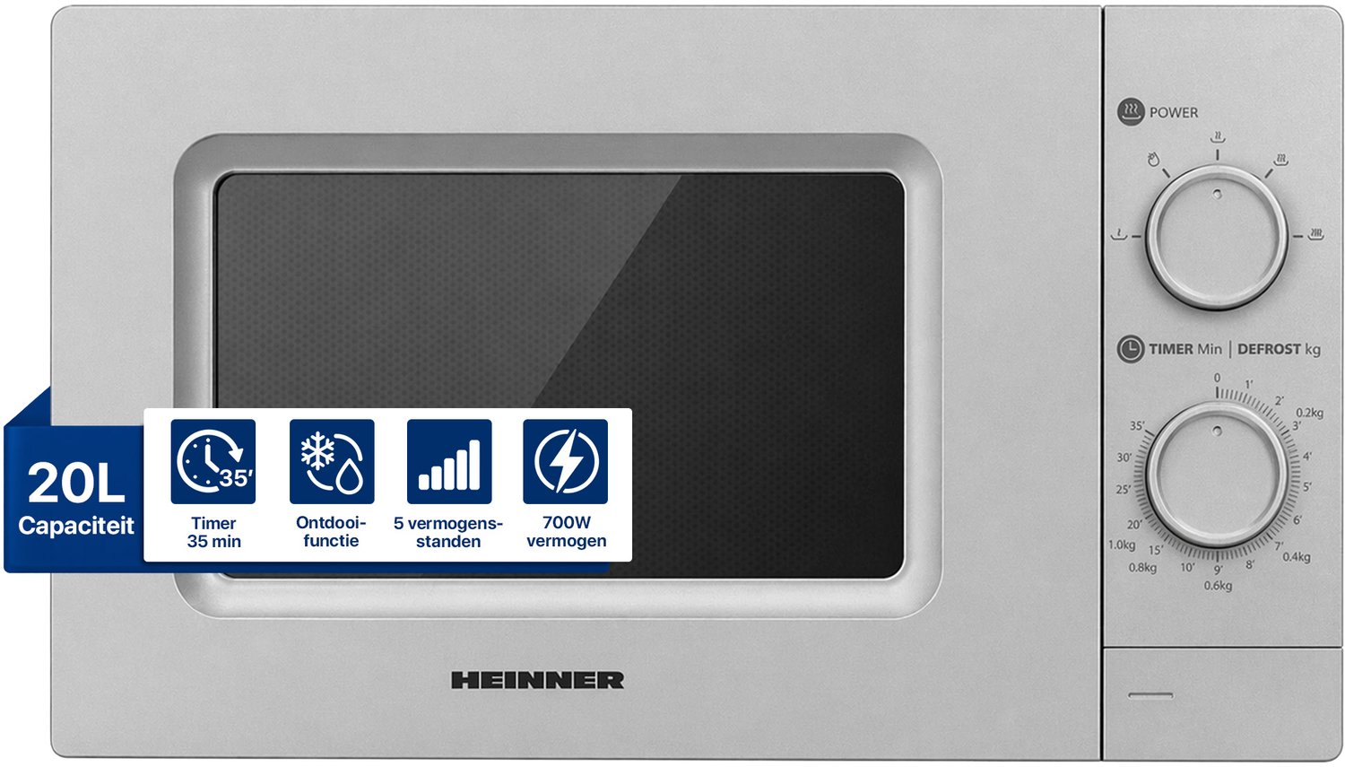 Heinner HMW-MD20MSL Solo Magnetron Vrijstaand 20 Liter - 700W met 5 Vermogensstanden - Ontdooifunctie & Timer 35 Min - Mechanische Bediening - Zilver