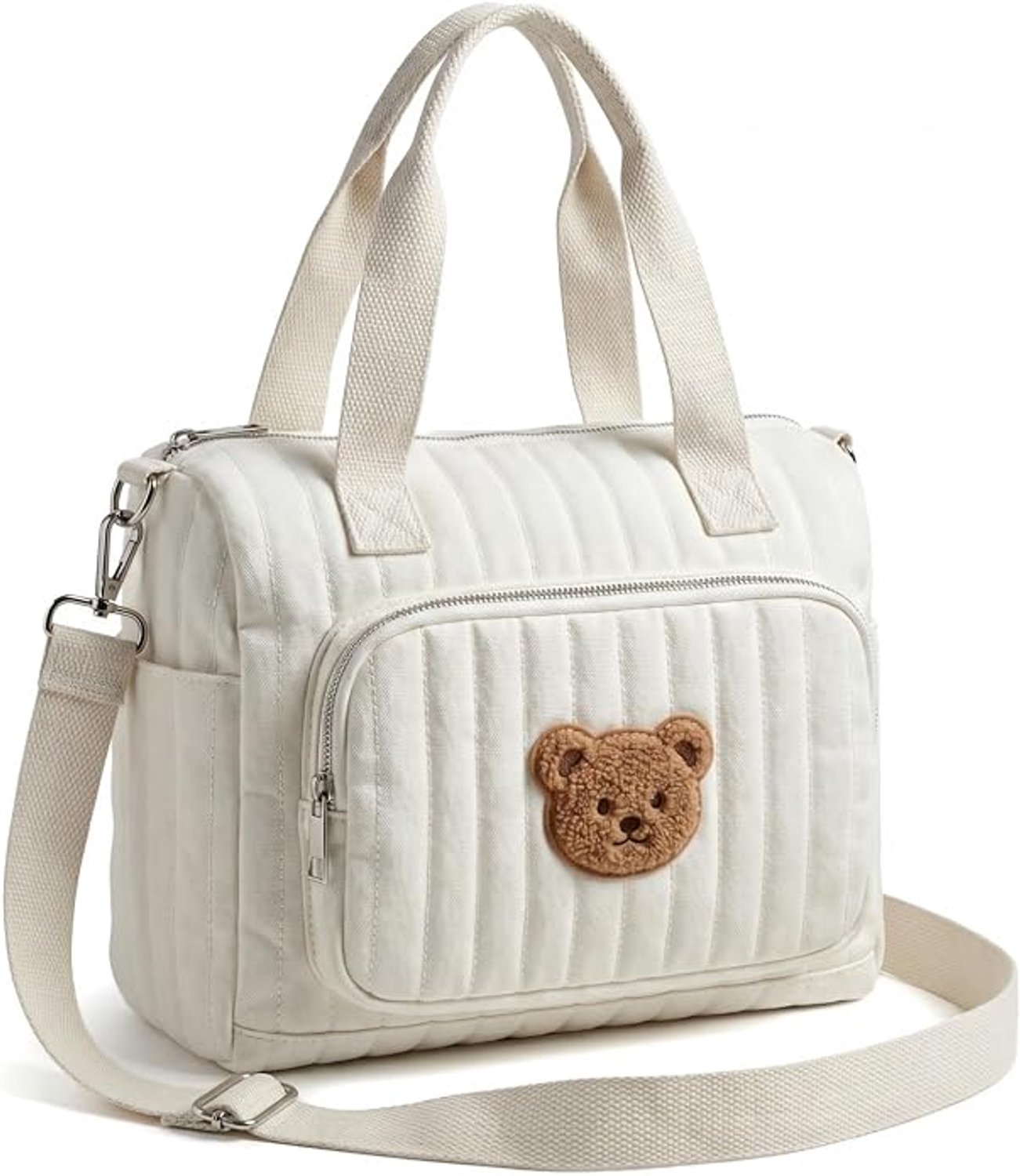 Luiertas - Kleine verzorgingstas - Organizer voor babyspullen - Met rits en schouderriem - Voor luiers en doekjes - Wasbare stof - Berenborduurwerk - Voor korte uitstapjes - Crème - 24x20x11 cm