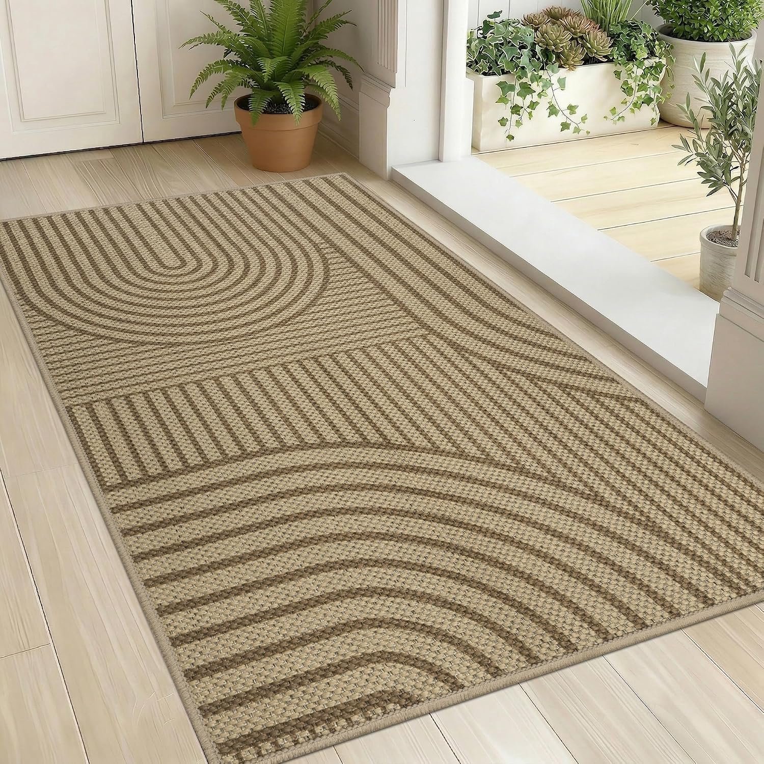 Deurmat voor entree - Vuilvangmat binnen en buiten - Antislip mat voor voordeur - Absorberend oppervlak voor schoenen - Polyester met rubber achterkant - Geweven motief in vakken - Bruin - 60 x 90 cm