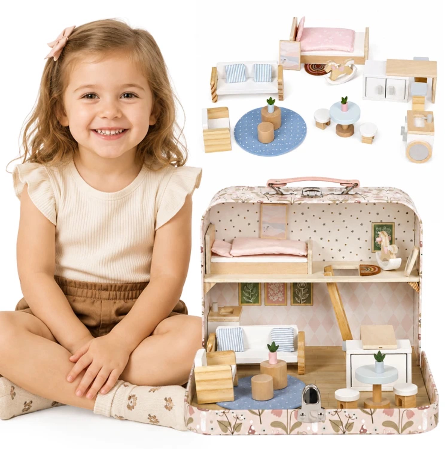 ECOTOYS Poppenhuis in Koffer - 2 Verdiepingen - 20 Accessoires - 3+