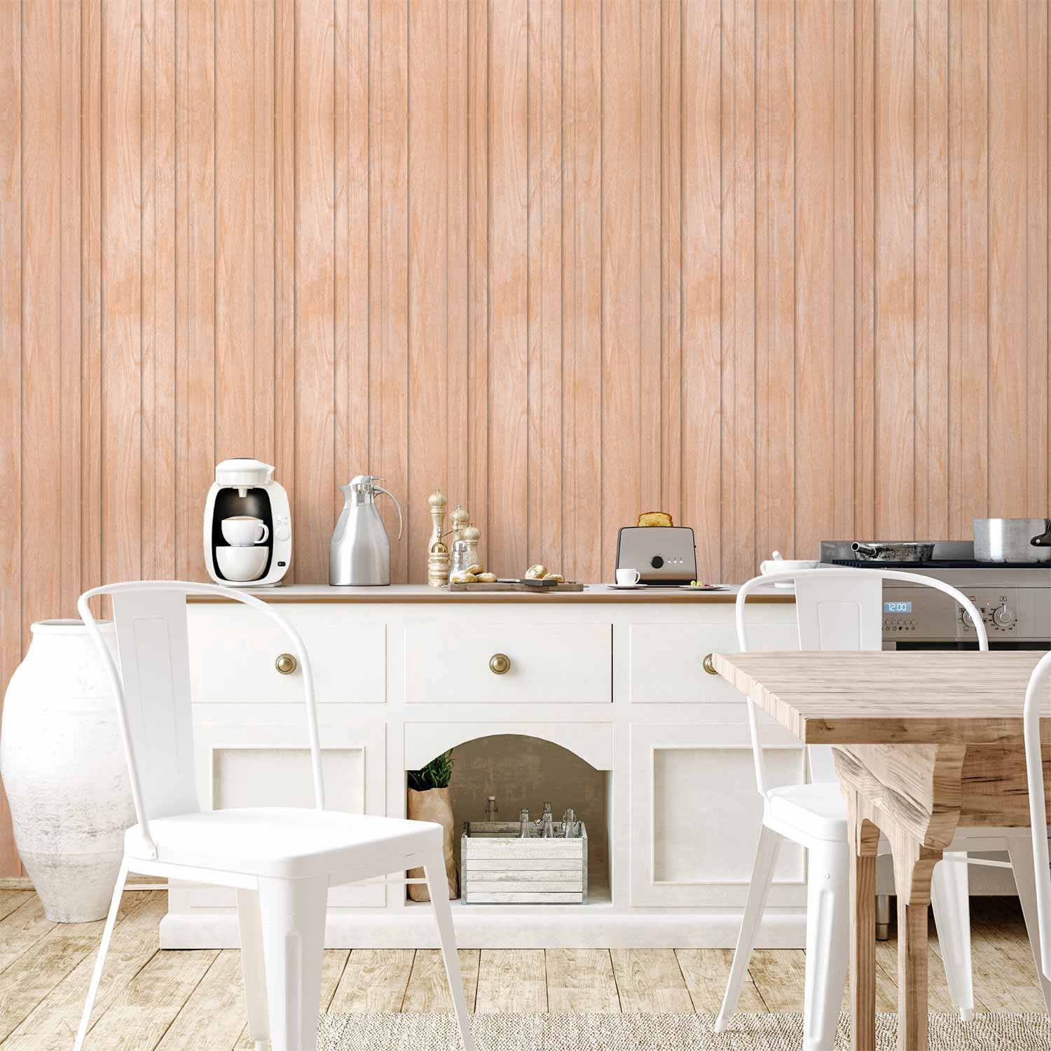 Behang - Light Wood - Vertical panels in a warm beige shade.