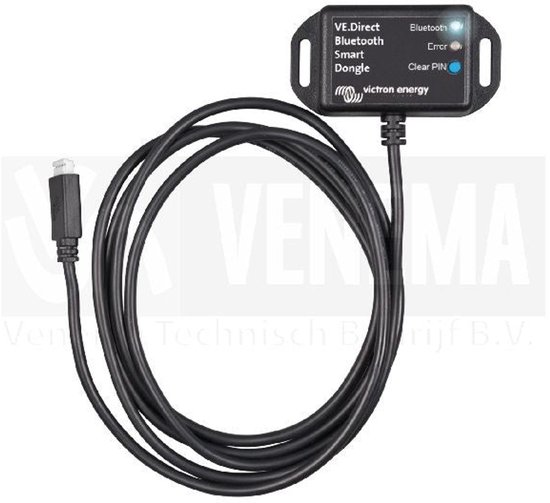 Zwarte Victron Energy VE.Direct Bluetooth Smart Dongle met bijbehorende aansluitkabel.