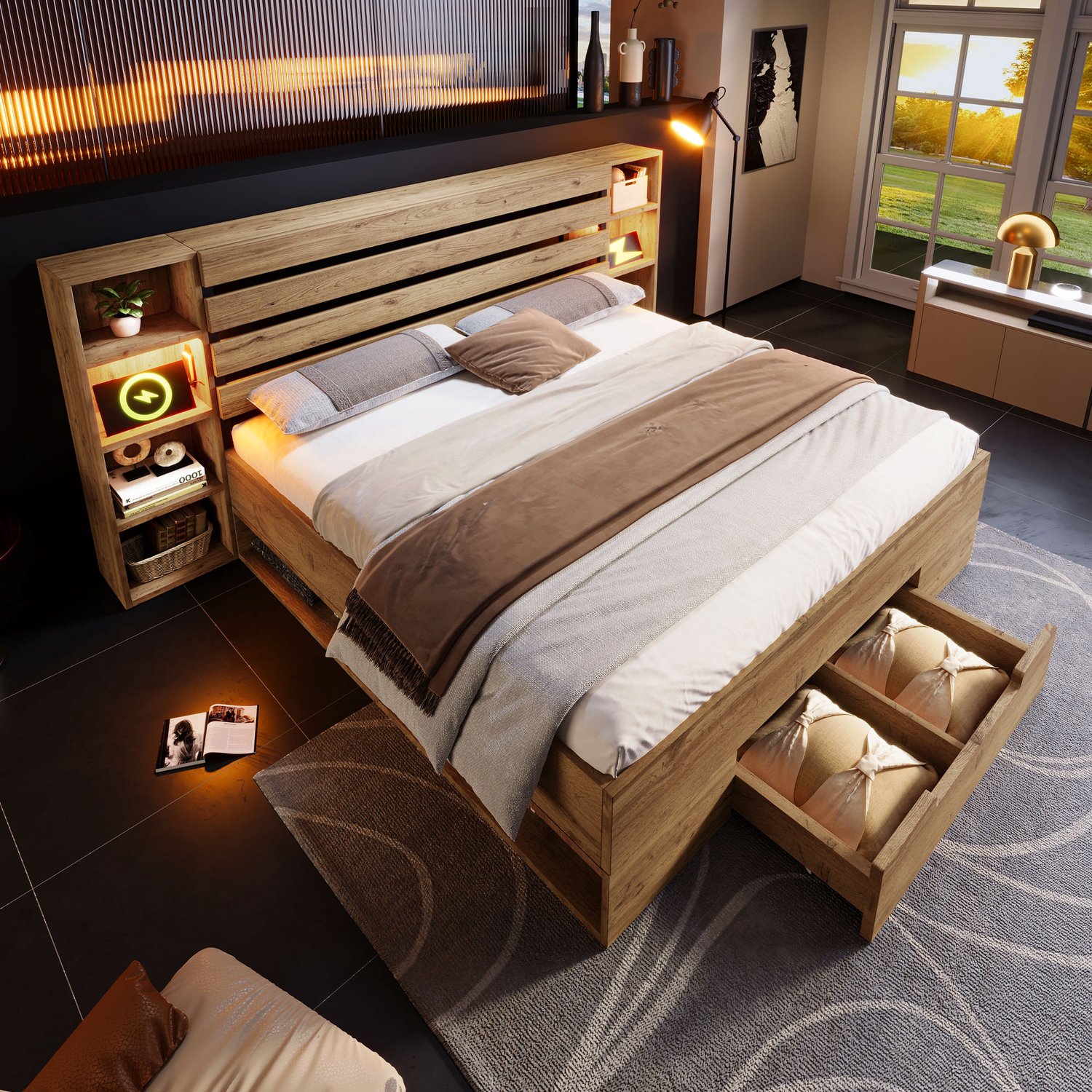 Bed 160x200 Met Opbergruimte - Eiken Bed Met Hoofdbord - LED, USB En Type-C - Metalen Frame En Matras Met 7 Zones