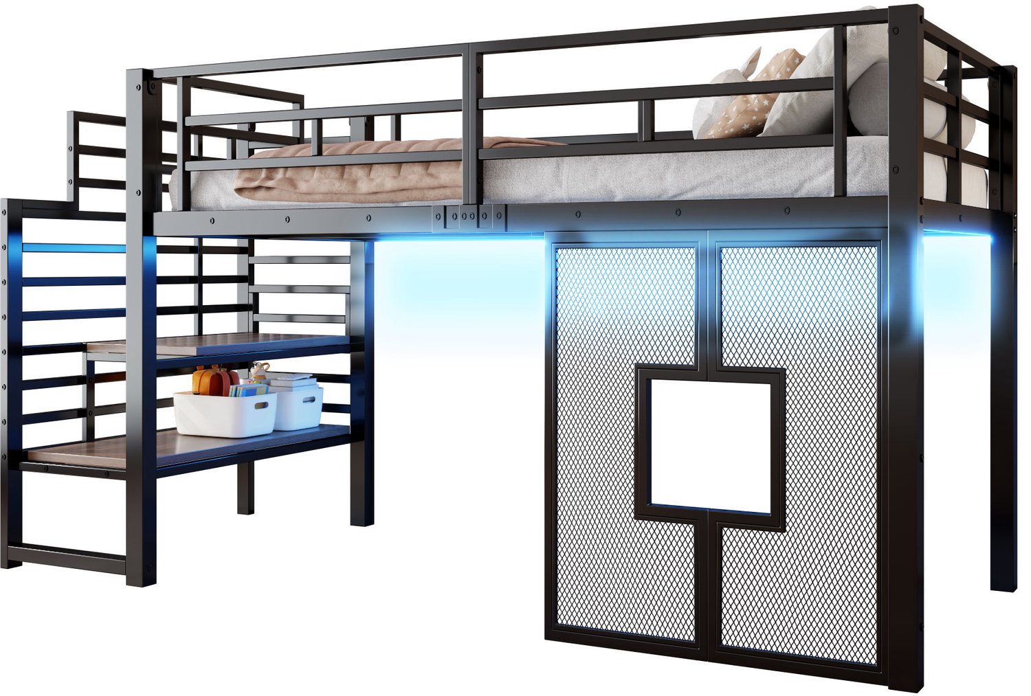 MUVANO Metalen hoogslaper 90x200 cm - vaste trap - opbergruimte - ramen en geïntegreerde ledverlichting - zwart - voor kinderkamer