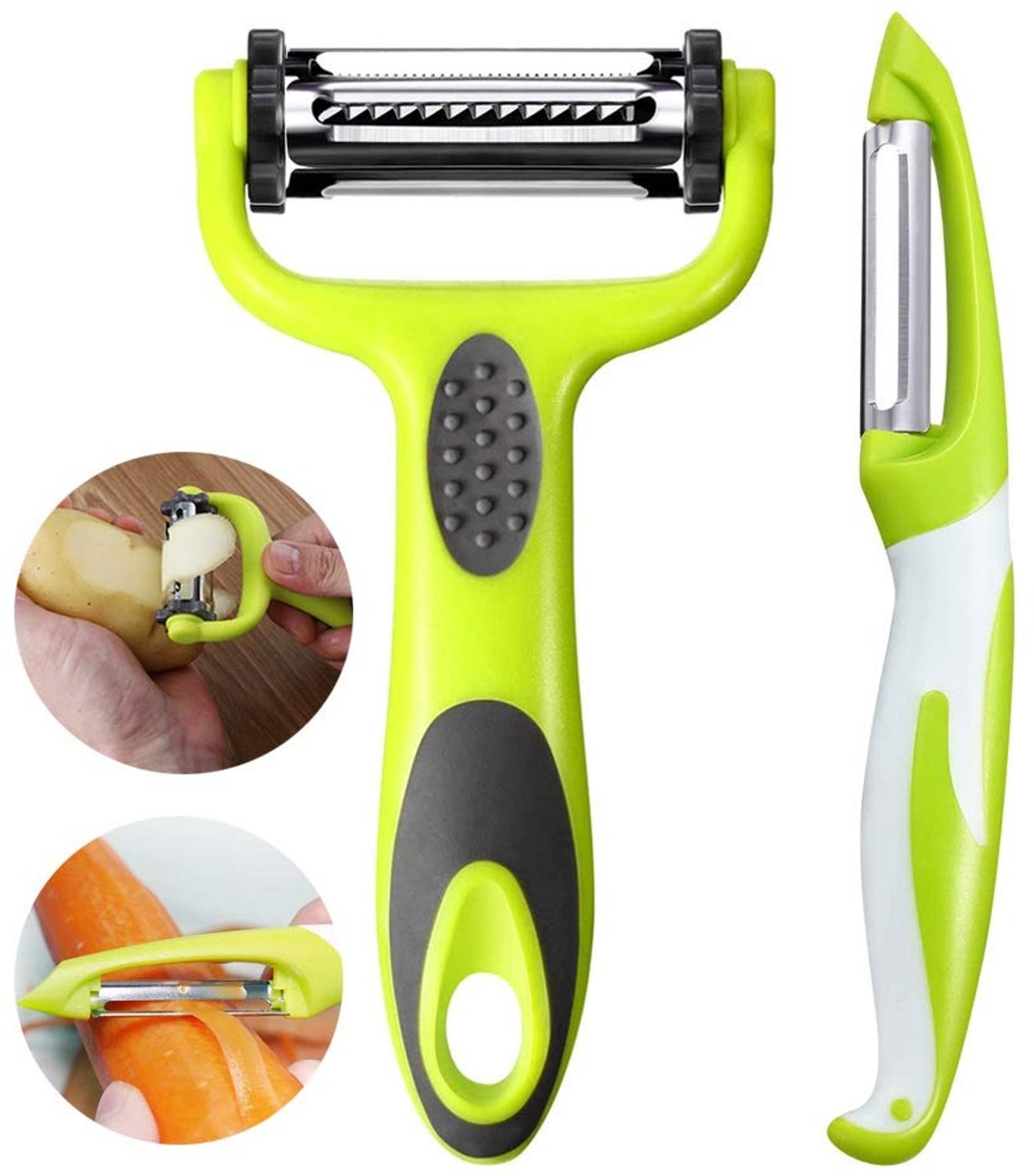 Famanu – Set van 2 multifunctionele groenteschillers, 3-in-1 dunschiller en pendelschiller met roterend lemmet van roestvrij staal en antislip handvat, kleur groen