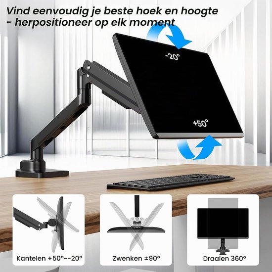 Verstelbare monitorsteun voor 1 scherm, geschikt voor vlakke en gebogen schermen van 17-49 inch, met gasveer en verhoogde belasting tot 20 kg, VESA 75 x 75/100 x 100 — afbeelding 2