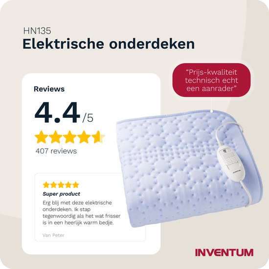 Inventum HN135 elektrische onderdeken, lichtblauw, met beoordeling 4.4/5 en een positieve review.