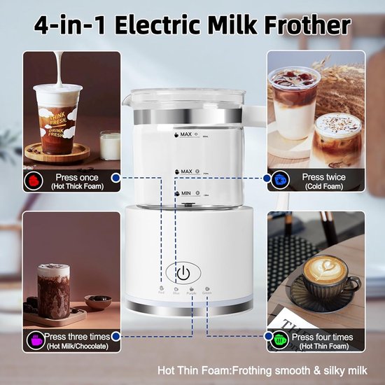 Elektrische Melkopschuimer - 500ml Glazen Kan - 4-in-1 - Warm en Koud Schuim - 600W - Automatische Uitschakeling - Voor Cappuccino en Latte — cadeau in Kookcadeaus - foto 5