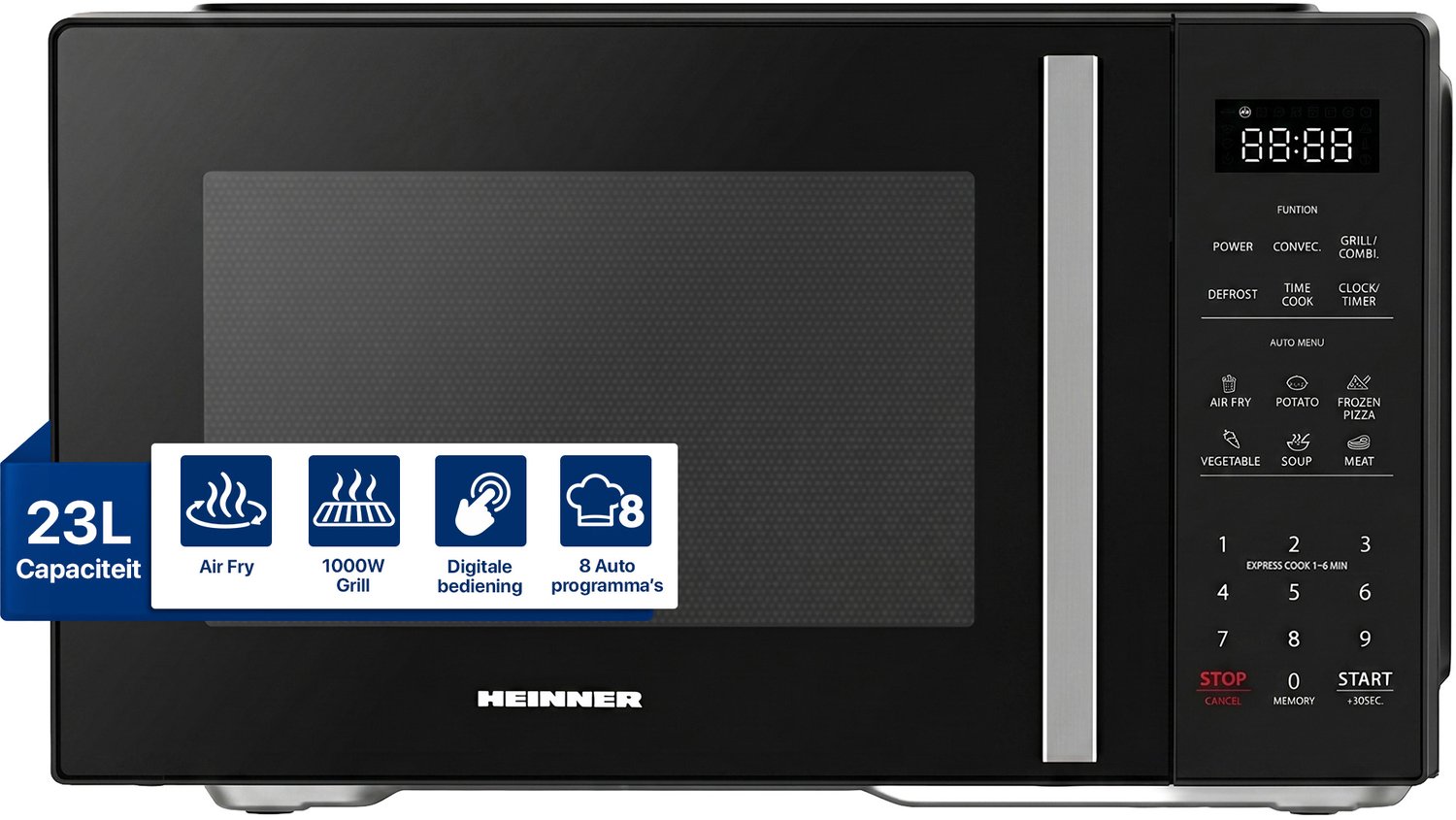Heinner Combi Magnetron Vrijstaand 23 Liter - Magnetron met Grill, Heteluchtoven & Airfryer - 4-in-1 met 900W & 10 Airfry Programma's - Zwart