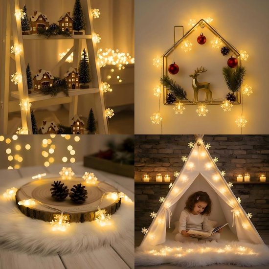 Sneeuwvlok LED Slingerlamp - 6m 40 Lampjes Warm Wit | Batterij gevoed(exclusief batterijen) | 2 Lichtstanden continu & knipperend, Kerst Feestdecoratie Binnen en Buiten- Sfeervolle decoratie binnenshuis — cadeau in Wonen & Interieur - foto 5
