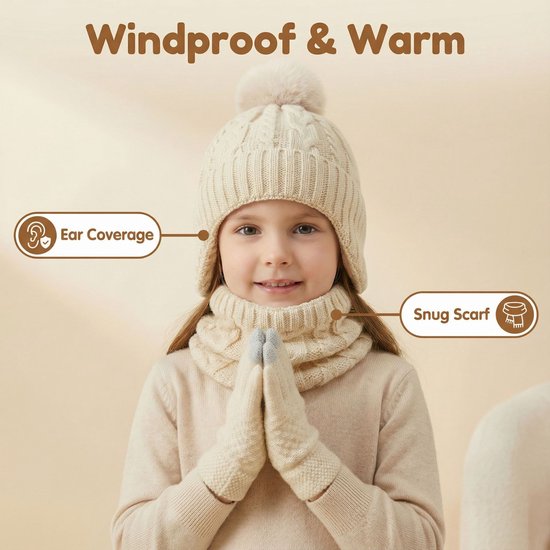 Winter Warm Fashion 3 stuks for kids- Muts + Nekwarmer + Handschoenen - Dikke gebreide pompon, muts, losse handschoenen met touchscreen, sjaalset — cadeau in Mode & Accessoires - foto 2