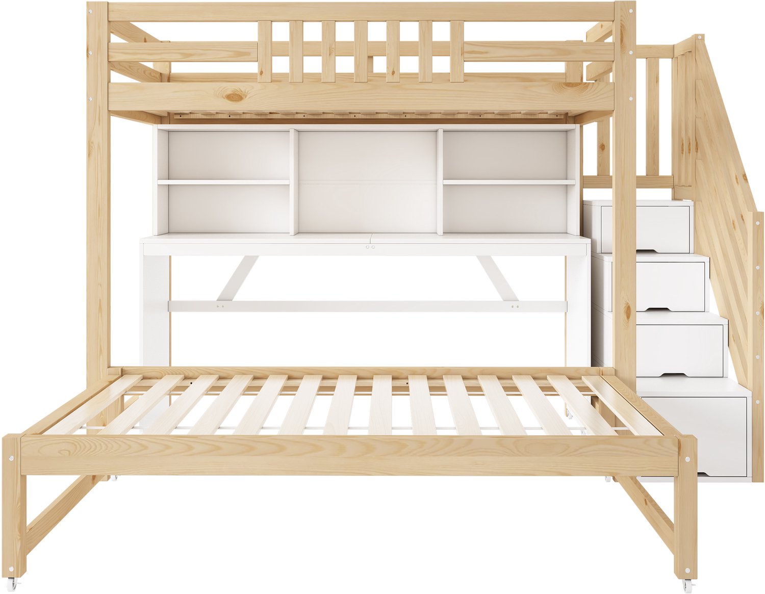 Stapelbed 90x200 en 90x190 cm - Met Uitschuifbed, Verrijdbaar Bureau, Boekenkast En Trapkast - Wit Eikenkleur
