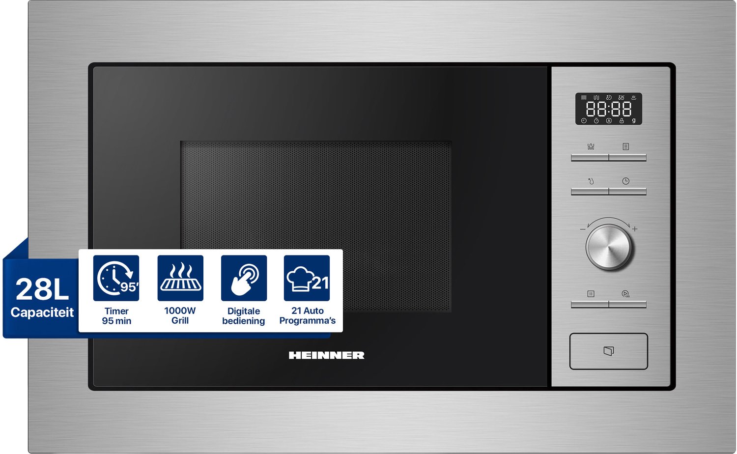 Heinner Inbouw Magnetron – 28 L – 900 W – 1000 W Grill – 5 Vermogensniveaus – Ontdooifunctie – 21 Automatische Programma’s – Digitale Bediening – RVS