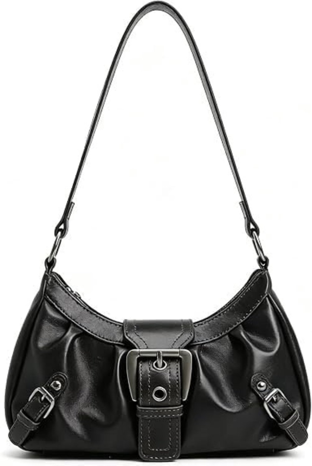 Schoudertas dames - Kleine Y2K handtas - Vintage okseltas met rits - PU leer met gesp - Voor dagelijks gebruik - Met korte schouderband - Retro model - Met polyester voering - Zwart - 26 x 16 x 8 cm