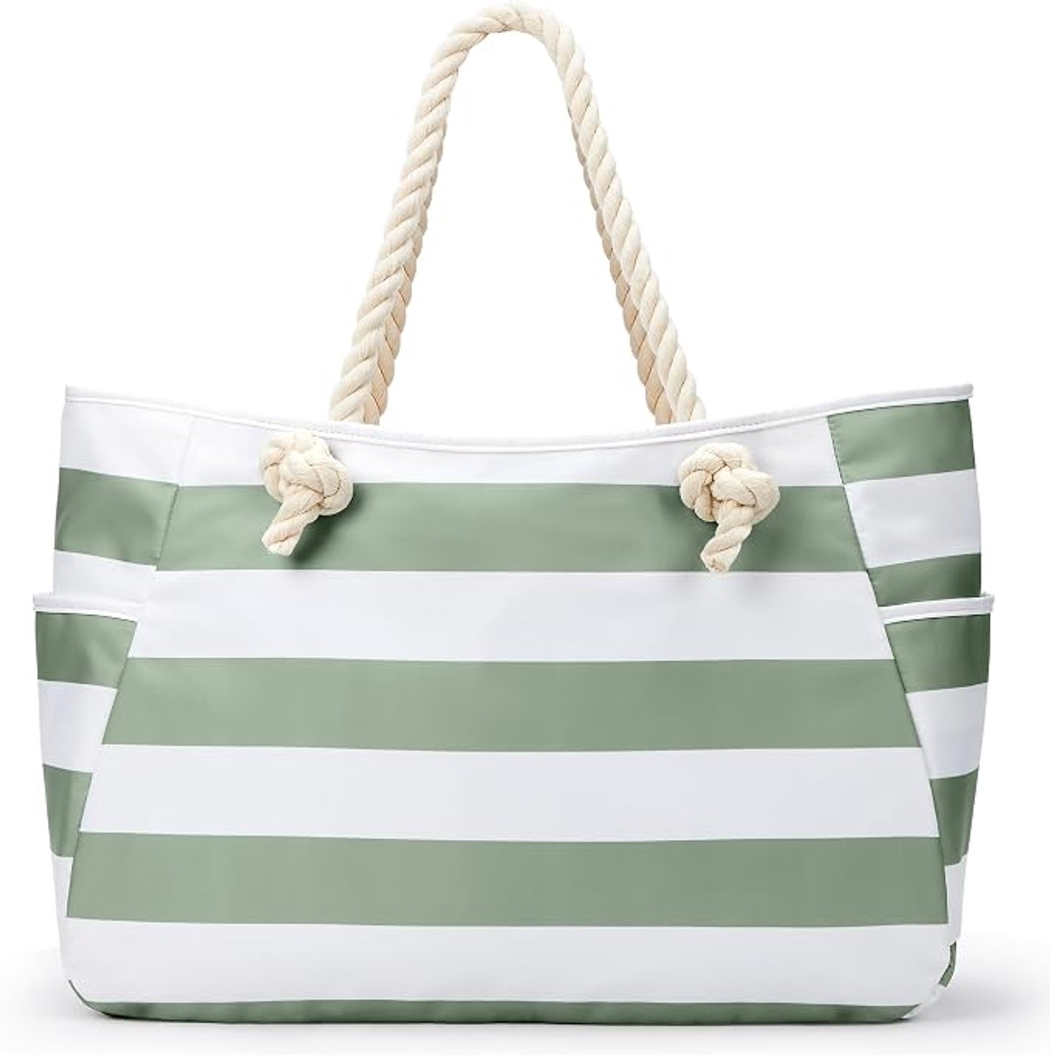 Strandtas groot - XXL shopper dames - Tas met ritssluiting - Voor strand en zwembad - Met binnenvak en steekvakken - Waterdichte wasbare stof - Touw hengsels - Groen wit gestreept - 61x20x35 cm