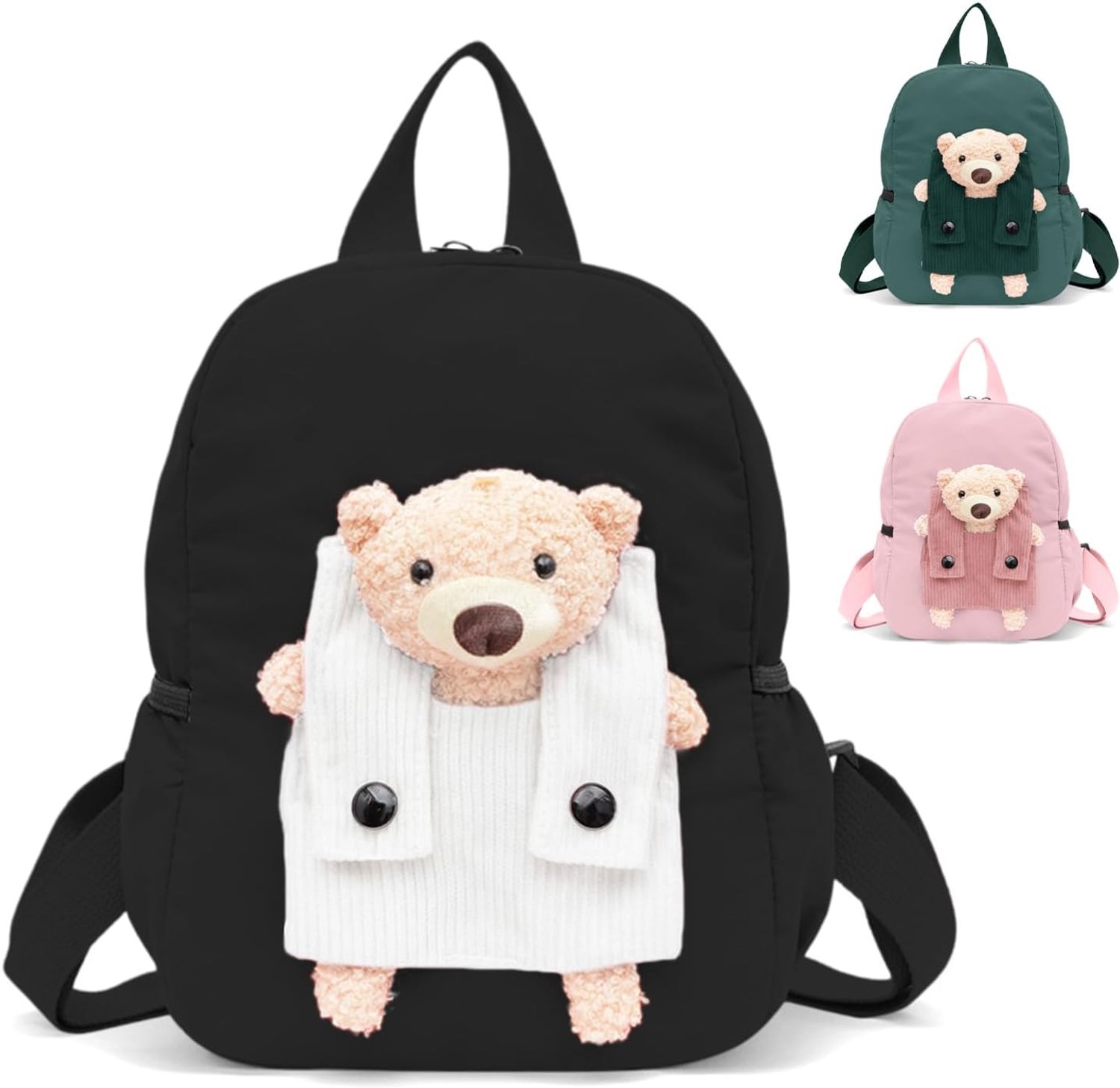 Peuterrugzak met knuffelbeer - Kinderrugzak voor kleuterschool - Rugtas voor kleine uitstapjes - Afneembare beer - Verstelbare banden met rits - Rugzak met voorvak - Zwart/wit - 27 x 21 x 10 cm