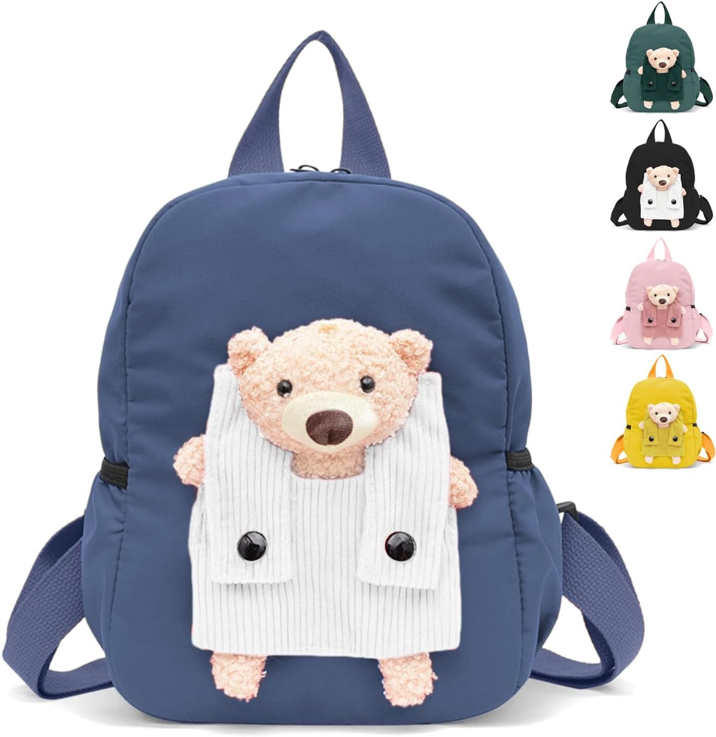Peuterrugzak met knuffelbeer - Kinderrugzak voor kleuterschool - Rugtas voor kleine uitstapjes - Afneembare beer - Verstelbare banden met rits - Rugzak met voorvak - Blauw/wit - 27 x 21 x 10 cm