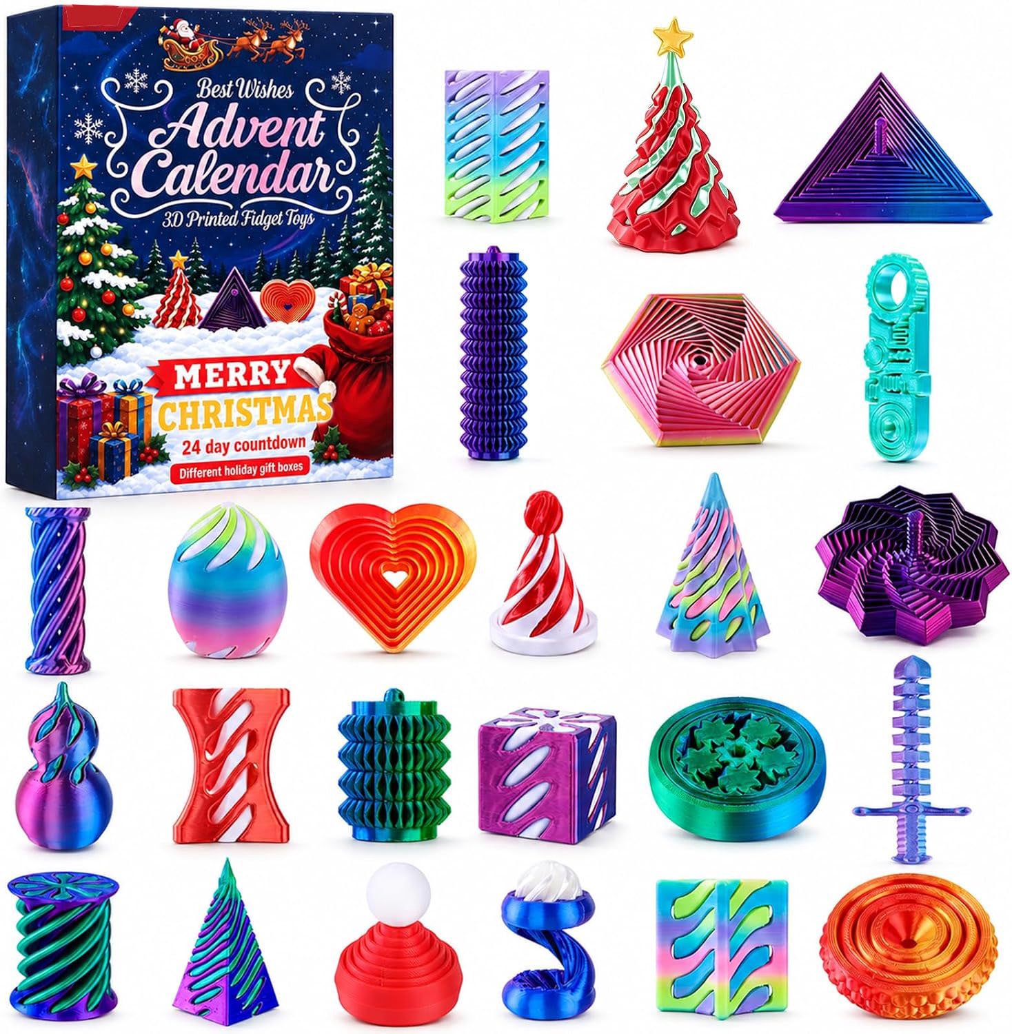 Kerst-Aftelkalender - 24 Dagen Kerst Countdown Speelgoed - Kerst Adventskalender - Met Mini 3d-Geprint Fidget- Kalender Speelset voor De Feestdagen - Speelgoed - Voor Kinderen en Volwassenen