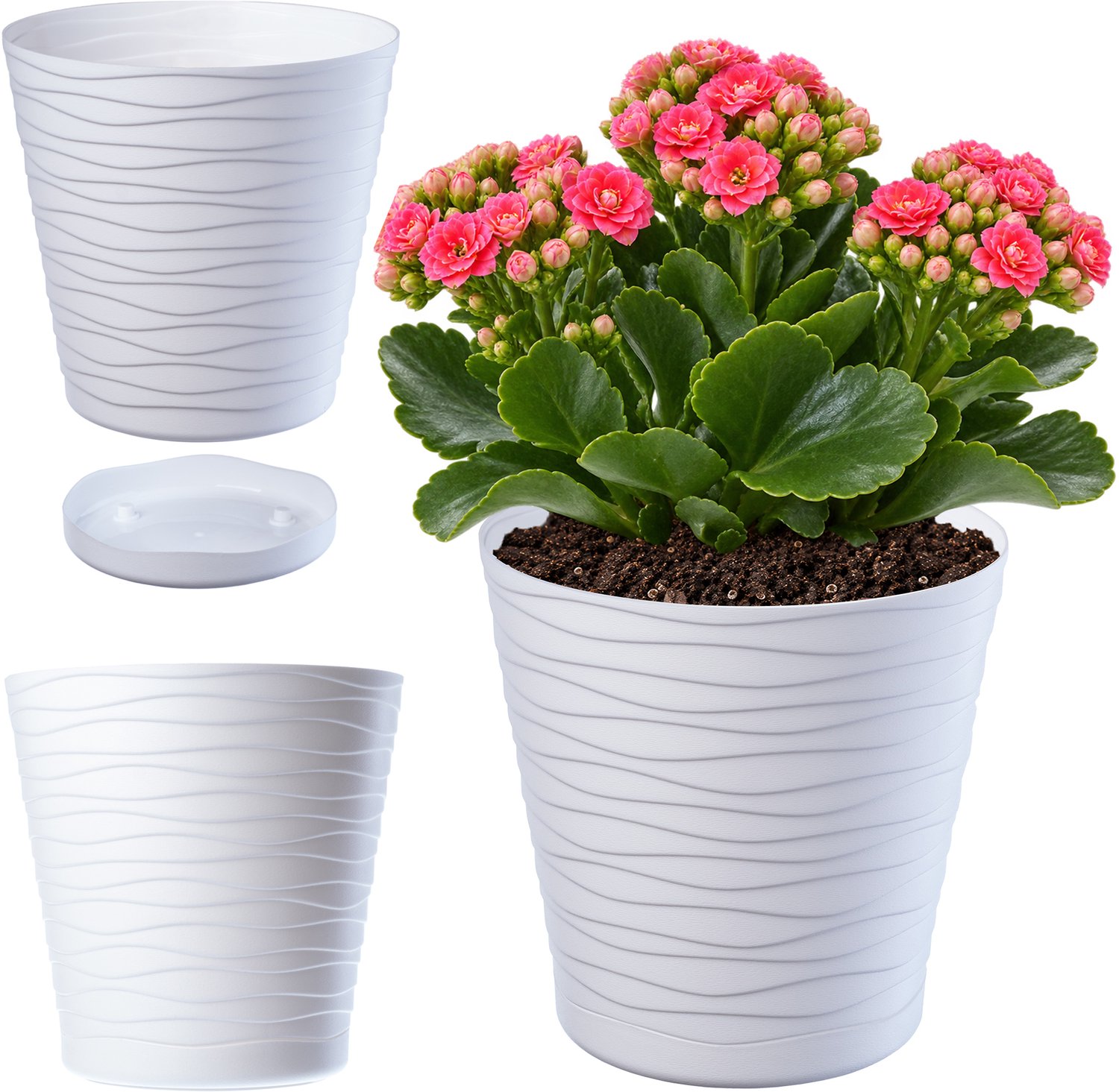 Kadax bloempot met onderzetter, voor binnen, lichte bloempot van hoogwaardig kunststof, ronde bloempot voor bloemen, planten, huis