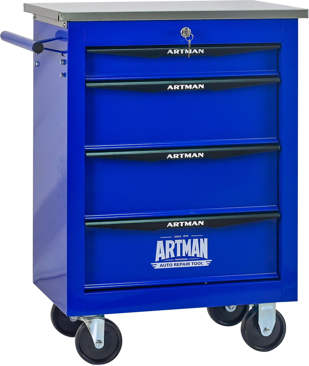 Gereedschapswagen Met Vier Laden - Afsluitbaar Met Vier Wielen En Handgreep - Stalen Werkplaatswagen Met RVS Bovenblad - Blauw En Zwart