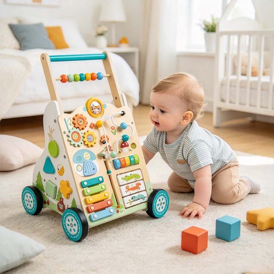 Houten loopwagen – Montessori houten loopspeelgoed – Multifunctioneel 9-in-1 activiteitenbord – Instelbare snelheid en hoogte – Geschikt voor baby's vanaf 1 jaar – Groen — afbeelding 5