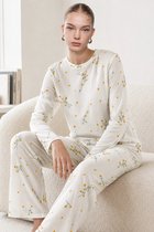 JANE WOLF Dames Pyjama Set 2-delig - Ecru met Gele Bloemenprint - Lange Mouw - Wijde Lange Broek - Katoen Stretch - Model 4722 Maat L