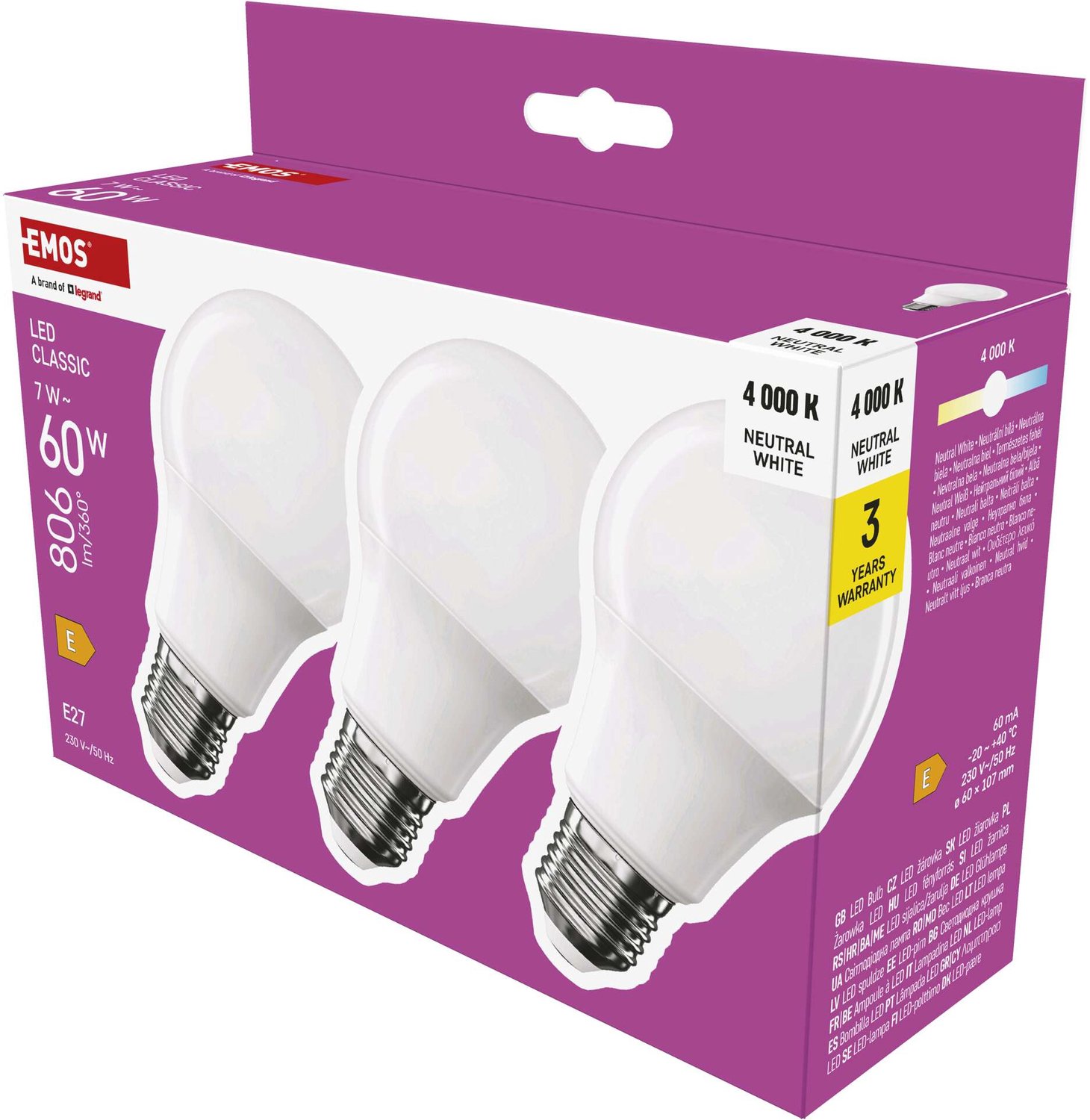EMOS LED-lamp Classic A60 / E27 / 7 W (60 W) / 806 lm / neutraal wit / 3 stuks, ZQ5E43.3