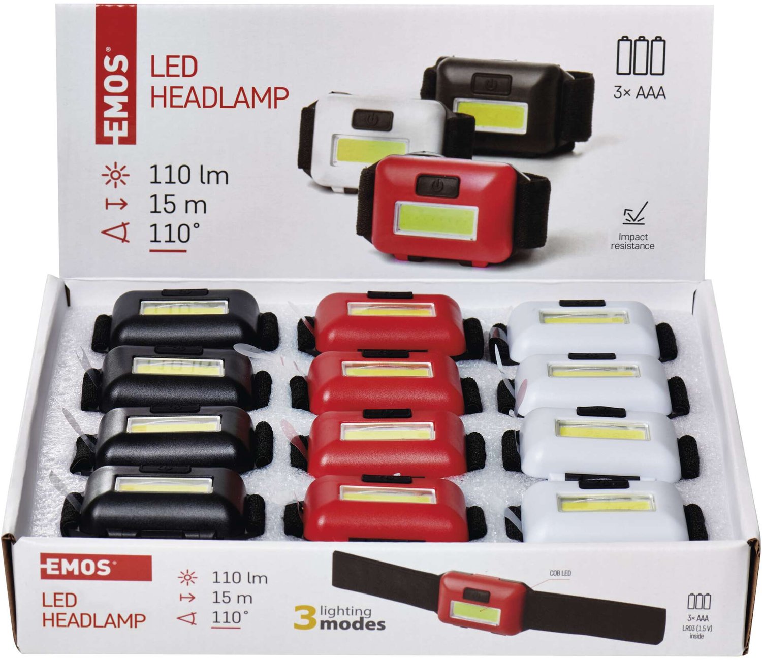 EMOS COB LED-hoofdlamp, 110 lm, 3x AAA, 12 stuks, doos, P3538
