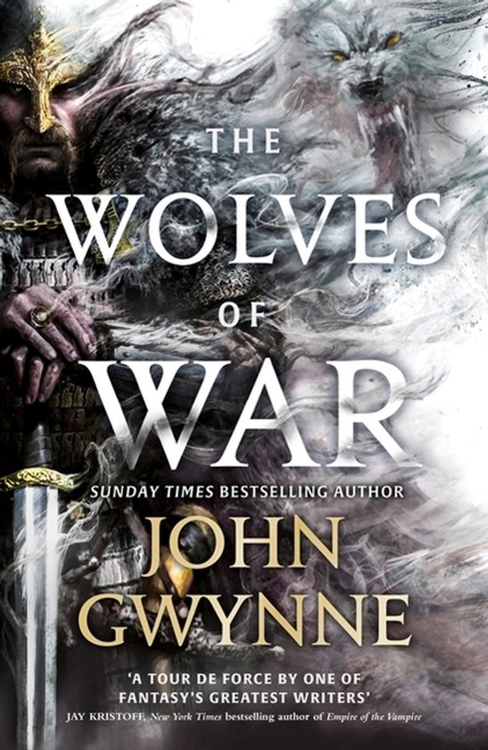 Boekomslag: een krijger in harnas met zwaard, omringd door een etherische wolf. Titel 'The Wolves of War' door John Gwynne.