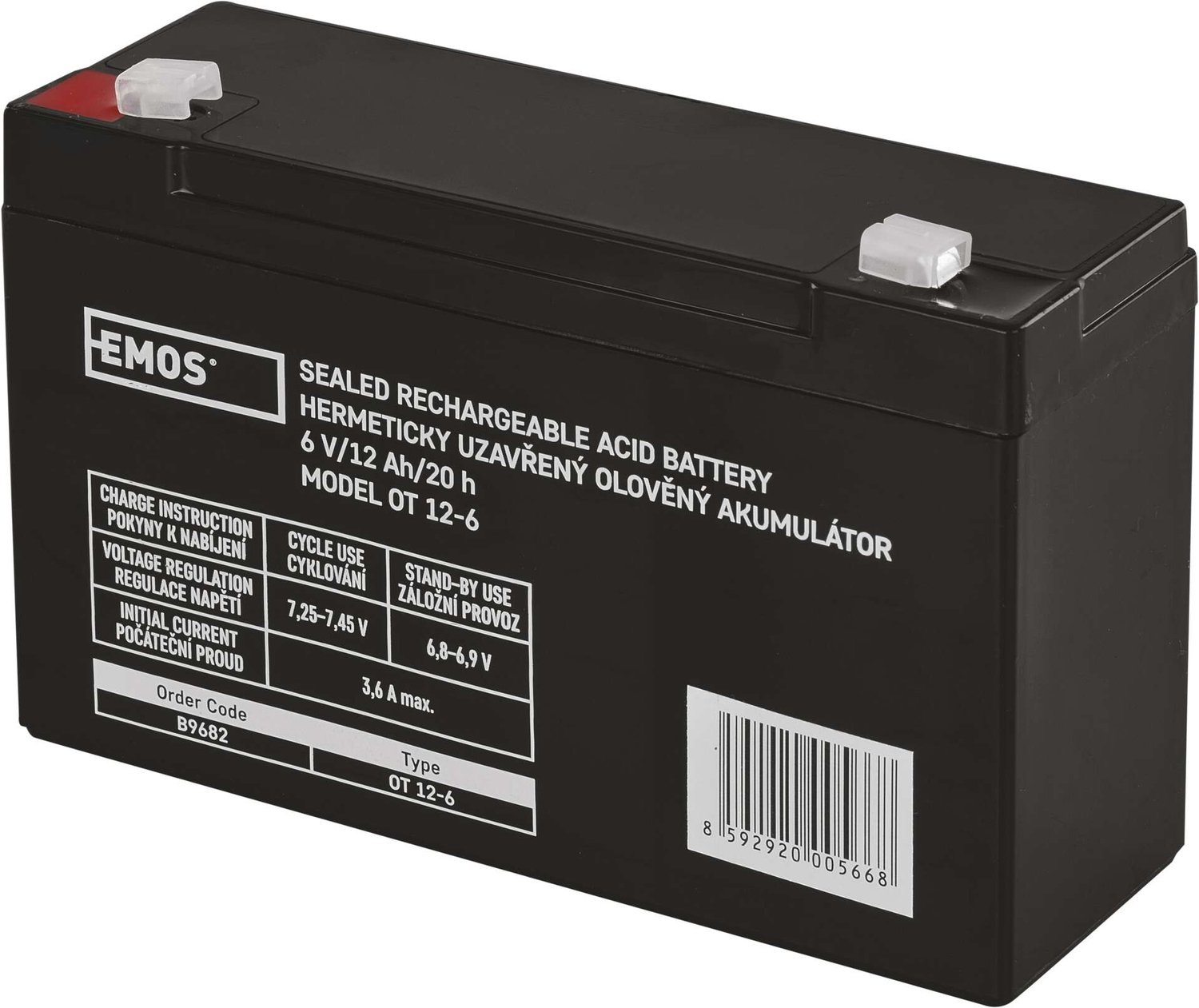 EMOS Onderhoudsvrije loodaccu 6 V/12 Ah, faston 4,7 mm, B9682