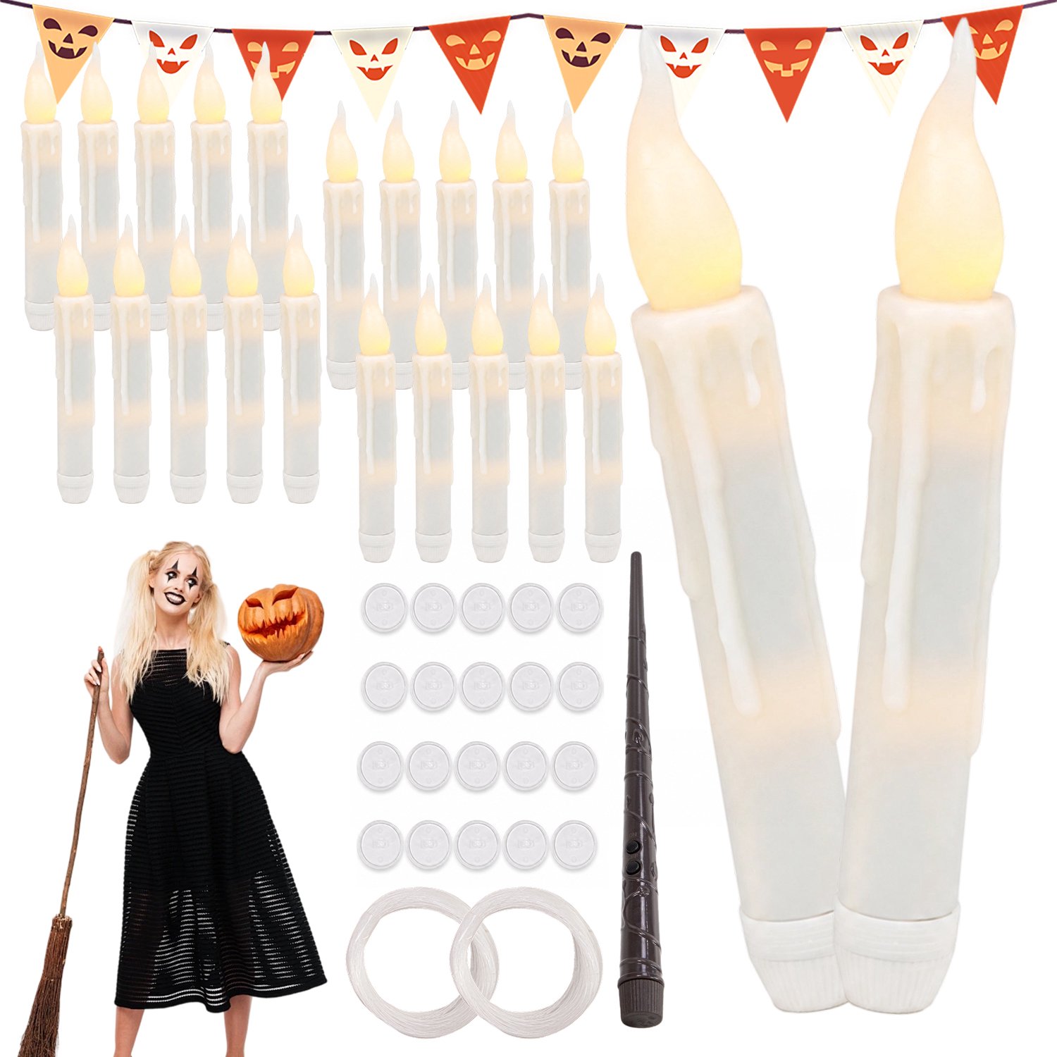 JIMUYU 24 Zwevende LED Kaarsen Met Toverstaf Afstandsbediening – Realistische Flikkerende Vlam En Compleet Ophangsysteem – Vlamloos En Veilig Op Batterijen – Voor Halloween En Kerstmis – Wit