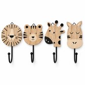 Vavida Wandhaakjes - Hout - Kinderkamer - 4 Stuks - Zebra, Leeuw, Tijger, Giraf - 13 cm