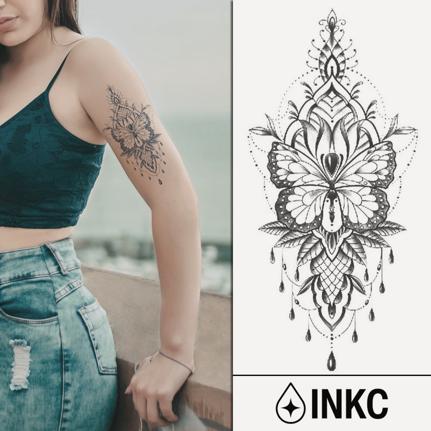 INKC - Tijdelijke Tattoo - Vlinder Sier - Nep Tattoo - Plak Tattoos - Blijft tot 2 weken - 11 x 18cm