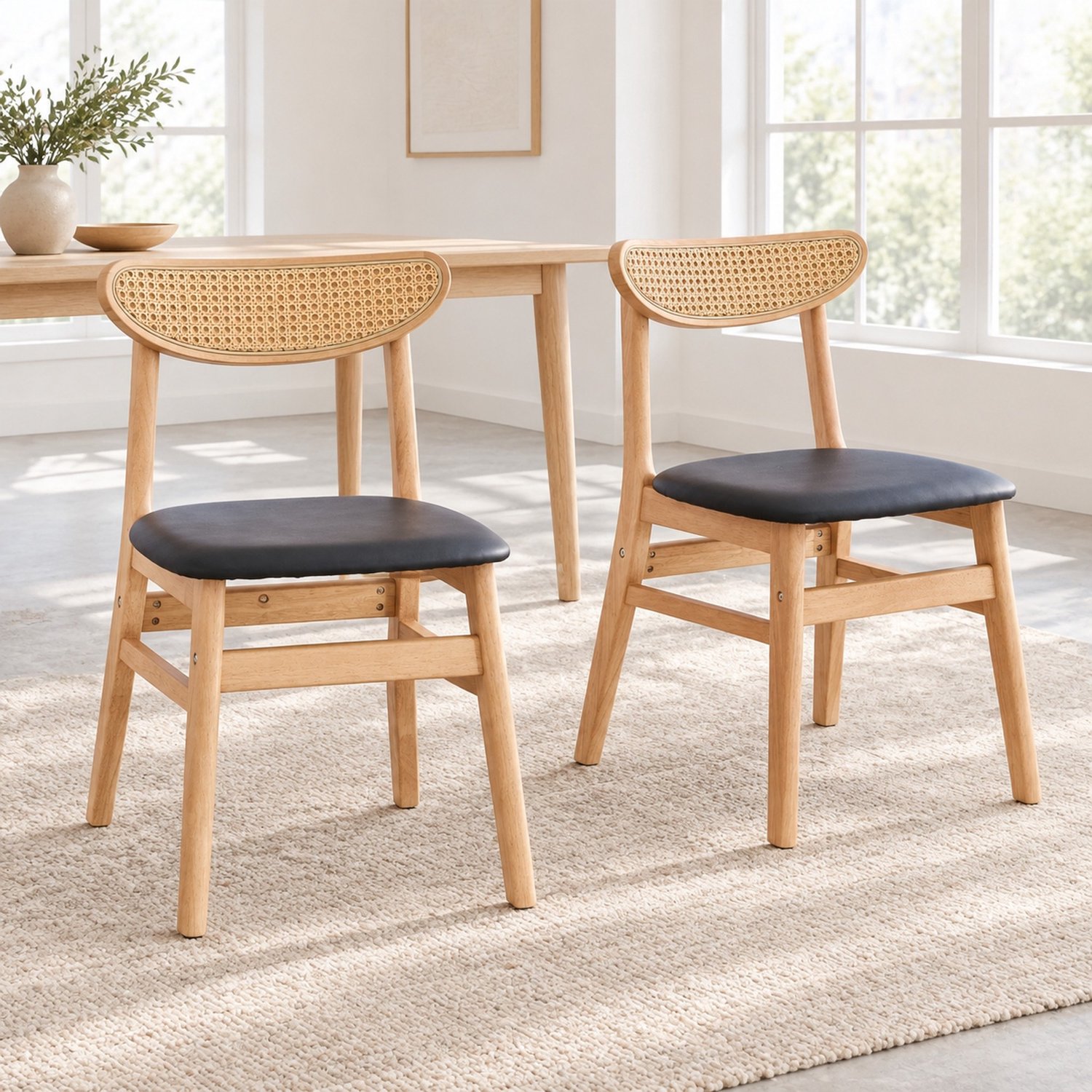 WUVRIE Set van 2 eetkamerstoelen - Rattan rugleuning en gewatteerde kunstleren zitting - Naturel/zwart Houtkleur