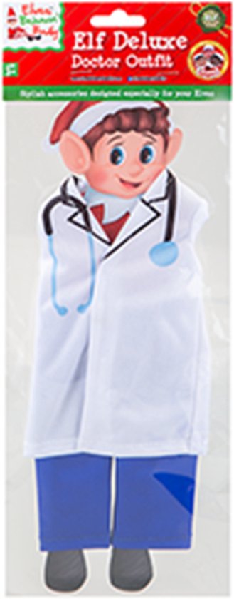 Elf Deluxe Dokter Outfit met witte jas, blauwe broek, rode das en stethoscoop.