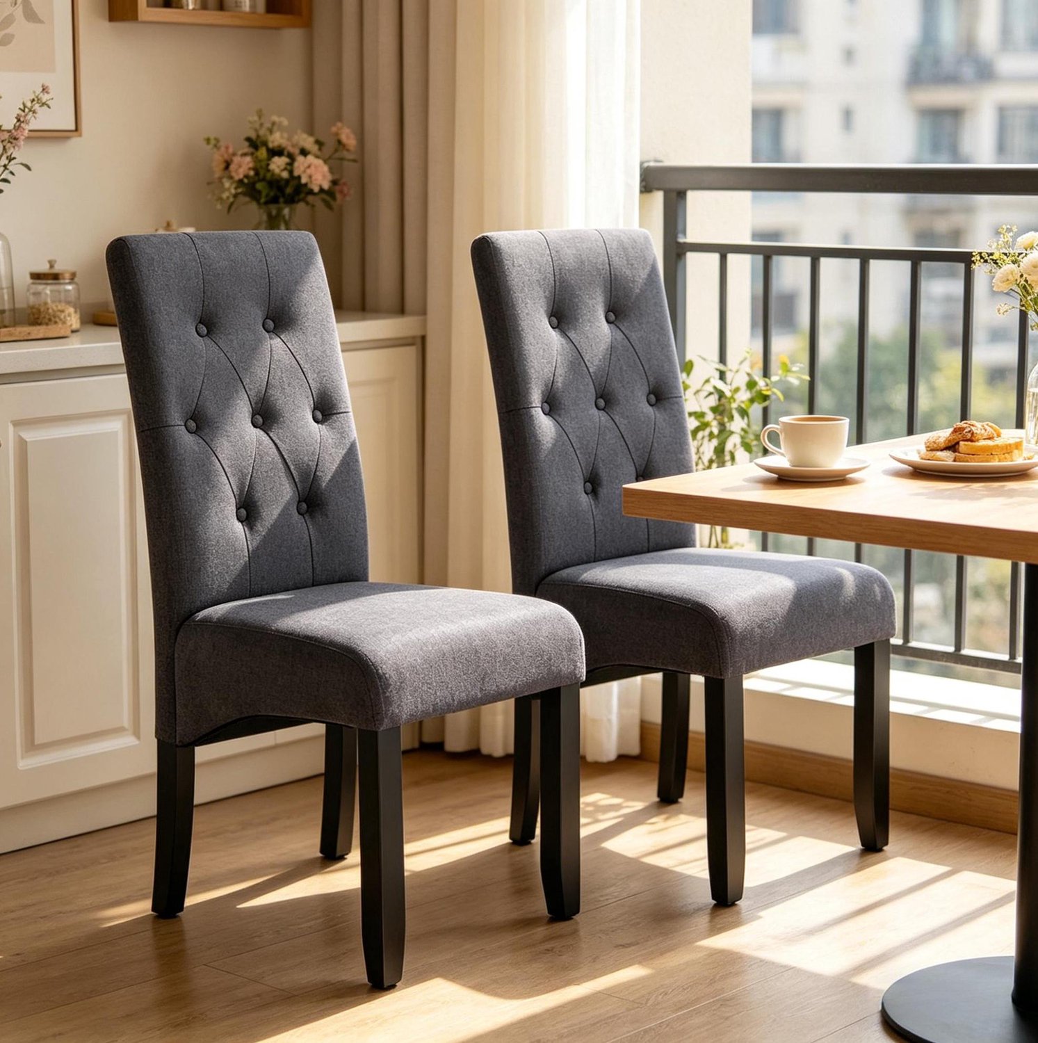 WUVRIE Eetkamerstoelen set van 2 - Hoge gestoffeerde rugleuning en houten poten - Donkergrijs