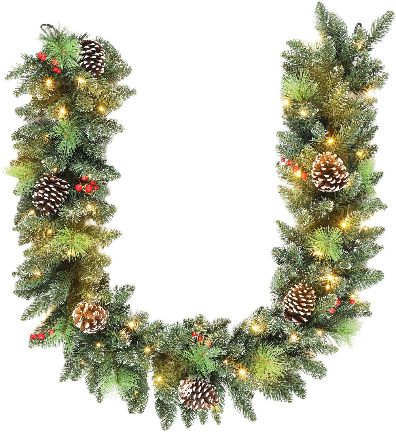 Kerstslinger - 30 witte lichtjes - besneeuwde takken - dennenappels en bessen - 180 cm - voor binnen