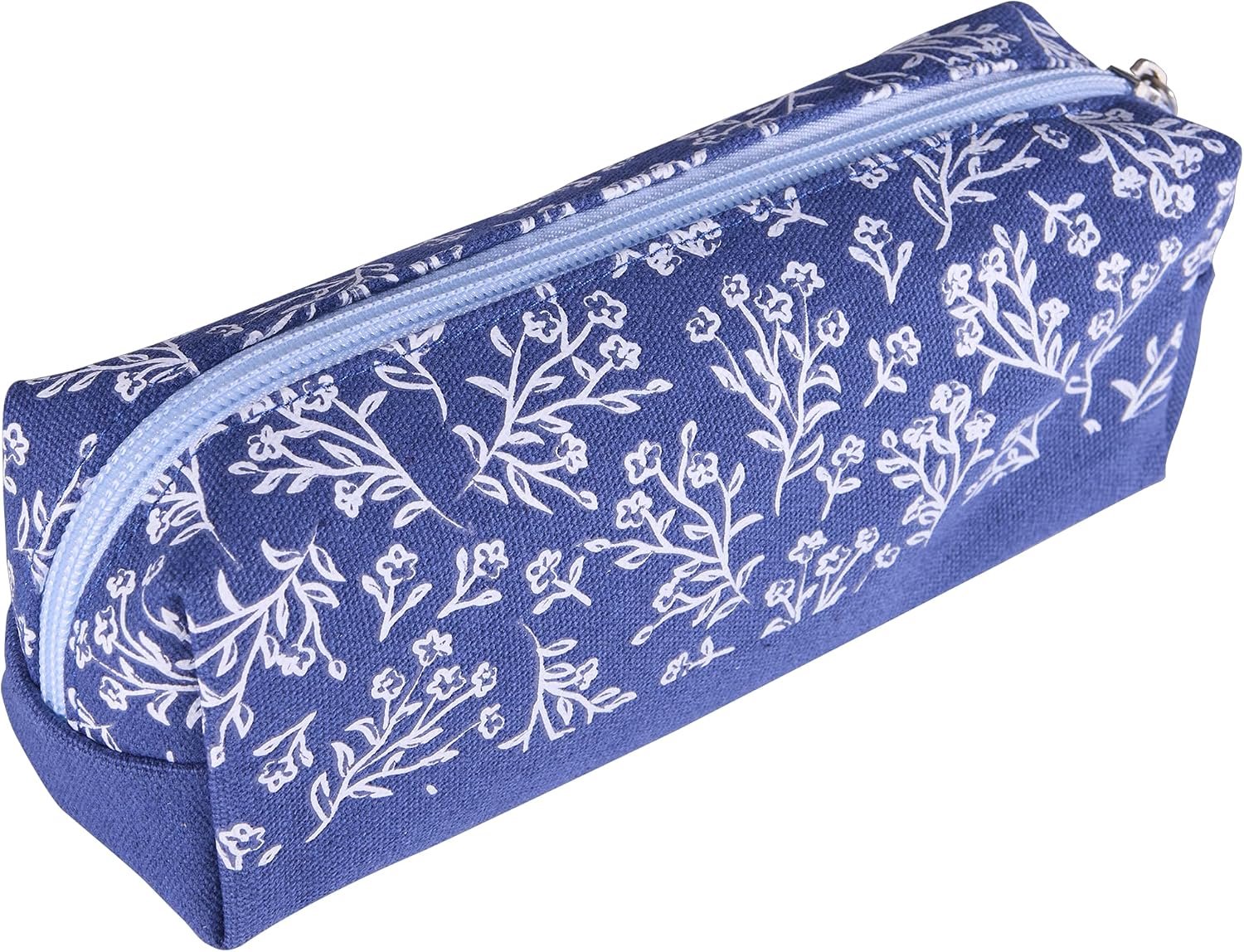 Merkloos Etui met Rits - Blauw met Bloemendessin, 19x7x5.5 cm