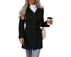 Wollen Mantel Dames Revers Met Riem Slim Fit Wintermantel-zwart-M