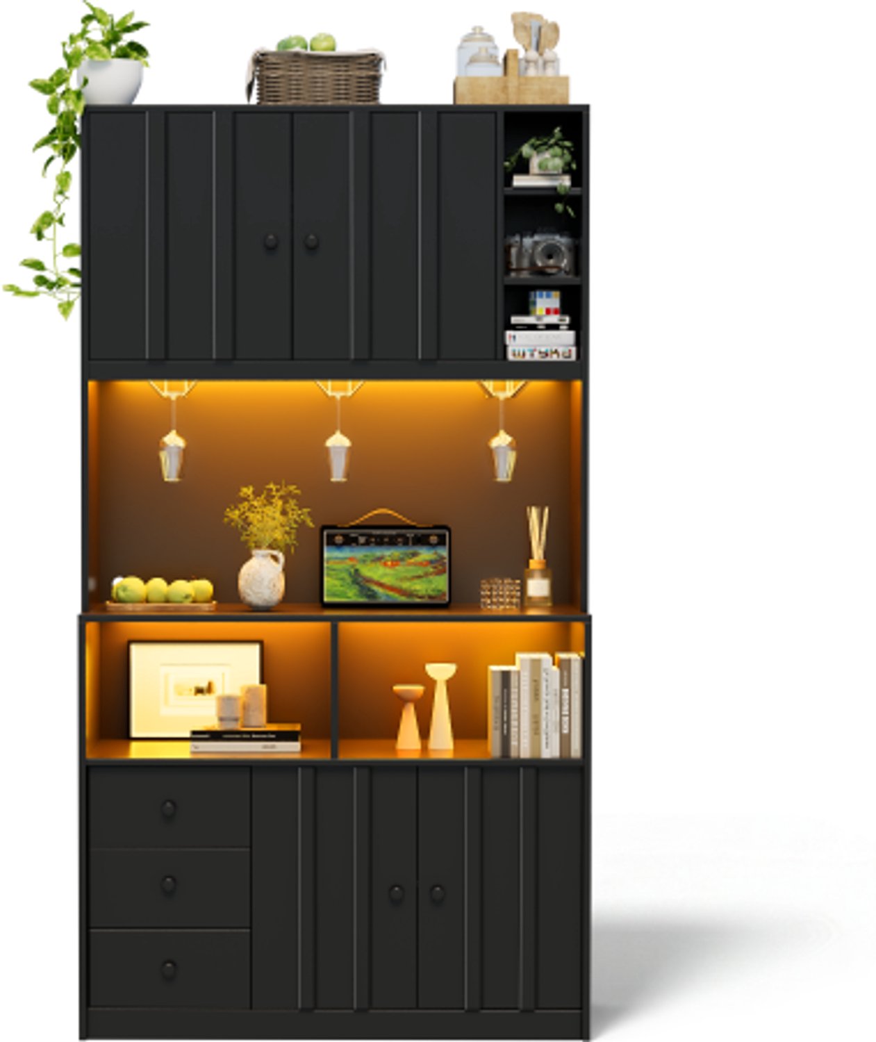 Keukenkast 180 cm – hoge kast met LED-verlichting, keukenrek met stopcontact, wijnrek en vitrine voor keuken en eetkamer, L 100 × B 40 × H 180 cm, Zwart