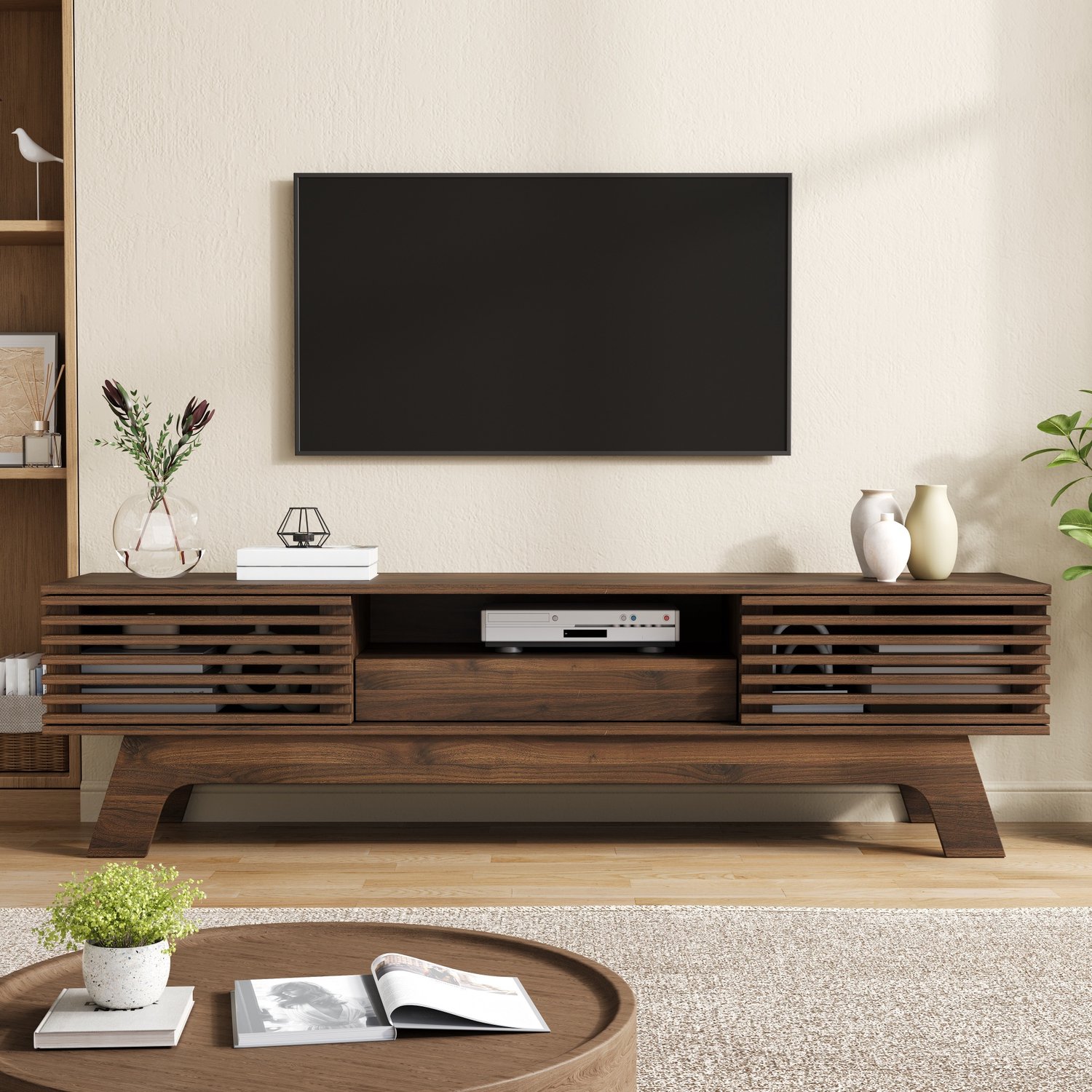 VVBV TV Meubel met LED-Verlichting / TV Kast 180x40x40 cm – Opbergruimte, Schuifdeur, 2 Deuren, Rotan, Voor TV tot 75 Inch – MDF – Naturel