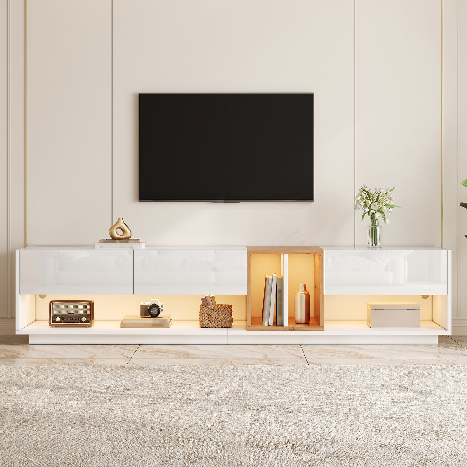 VVBV TV Meubel / TV Kast 110x40x76 cm – Opbergruimte, Schuifdeur, Tot 75 kg, Open Vakken – MDF – Walnoot